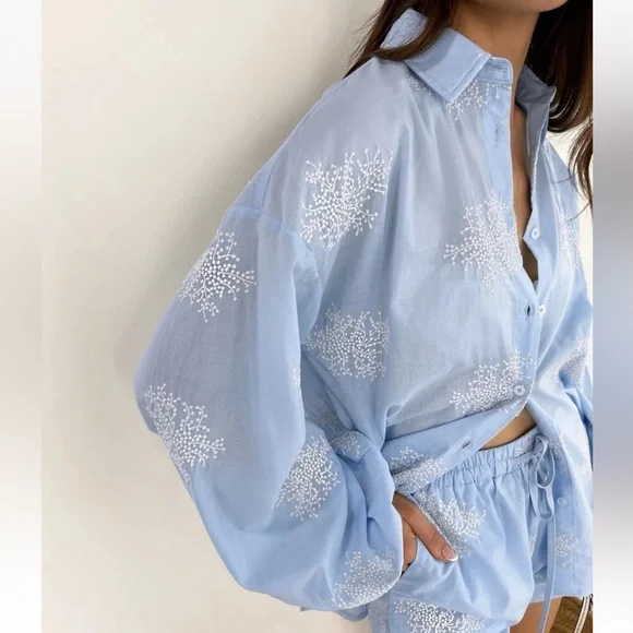 Commense M Semi-Sheer Plant Embroidery Casual Shorts Set Blue cc4 - Picture 5 of 8